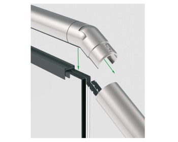 Einbaubeispiel zeigt Rohrverbinder beweglich, Handlauf, Elastomer und VSG als Ganzglasgeländer im Treppenabgang