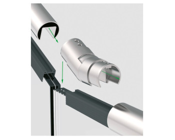 Einbaubeispiel zeigt Rohrverbinder beweglich, Handlauf, Elastomer und VSG als Ganzglasgeländer im Treppenaufgang