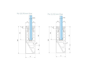 Querschnitt mit 20,76 und 21,52 mm Glasdicke