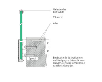 Querschnitt Einbau Glasgeländer -  EASY GLASS blockförmiger Glasadapter / Glasklemme mit Glas