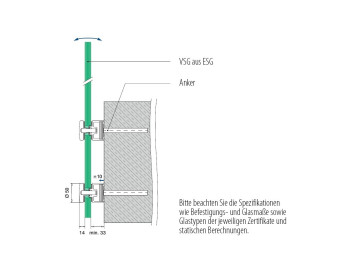 Querschnitt Glasgeländer - Glasadapter mit Glas an der Wand befestigt