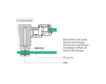 Querschnitt Einbau französicher Balkon -  EASY GLASS blockförmiger Glasadapter / Glasklemme aus Edelstahl V4A mit Glas