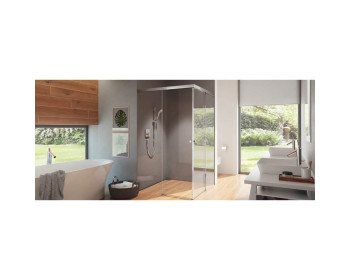 Abbildung zeigt Duschbeschlagset vitris Aquant 40, für 2fügelige Duschschiebetür mit Festteilen in einer Ecke, mit SoftStop, mit Grifftechnik