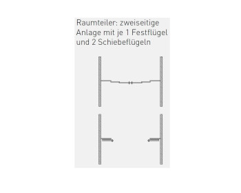 Anwendungsbeispiel - vitris Portavant 150 multiline Schiebetürbeschlag-Set zur Deckenmontage in einem Durchgang - zweiseitige Anlage mit 2 flg. mit je 1 Festflügel