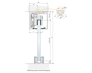 WSS NOVA 80 - Ansicht Querschnitt Deckenmontage mit Glasschiebetuer