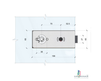 WSS Glastürschloss STUDIO ALEA WC - DIN links auswärts - für Rosettendrücker - Ansicht Schloss-Seite - Magnetfalle geschlossen - massliche Details