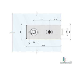 WSS Glastürschloss STUDIO ALEA WC - DIN links auswärts - für Rosettendrücker - Ansicht Schloss-Seite - massliche Details