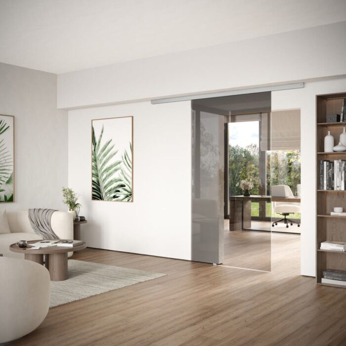 DORMA MUTO Comfort L 80 Glasschiebetür zur Deckenmontage mit Floatglas grau