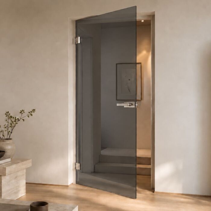 Glastür aus Float grau durchgefärbt