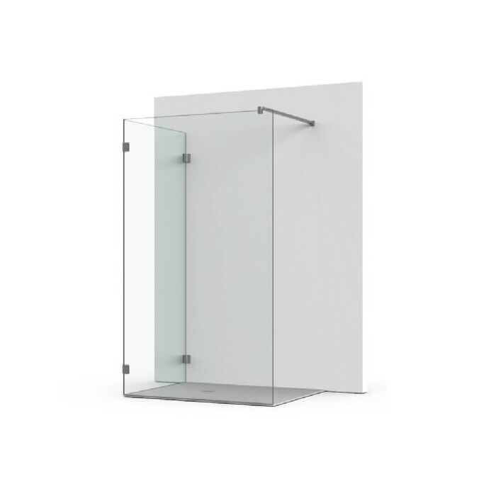 Walk In Dusche als L-Form mit Glaselementen zur Befestigung an einer Wand mit Pontere Winkelverbindern und Querung mit einer Stabilisationsstange
