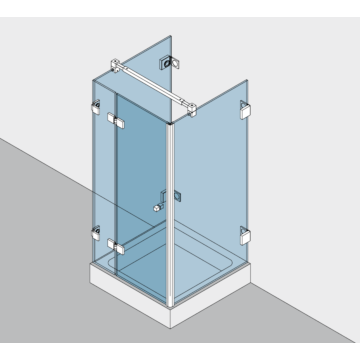 Beschlagset BH 112 Typ 233, mit Hebe-Senk-Funktion, für Duschtür in der Front an 180°Festteil, 2 Seitenteile 90° mit Winkelverbindern befestigt an Wand, DIN links