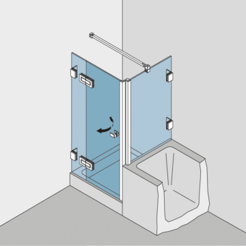 Eckdusche BF 112 Typ 231W - aus Echtglas, Befestigung des Festteils an der Wand mittels Winkelverbindern - Abbildung DIN links