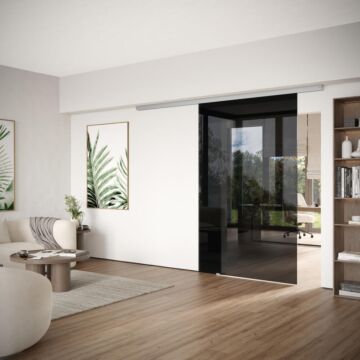 DORMA MUTO Comfort L 80 Glasschiebetür bis 1.450 mm Breite, zur Deckenmontage, Darstellung mit Dark grey, Schiebetürbeschlag LM silber