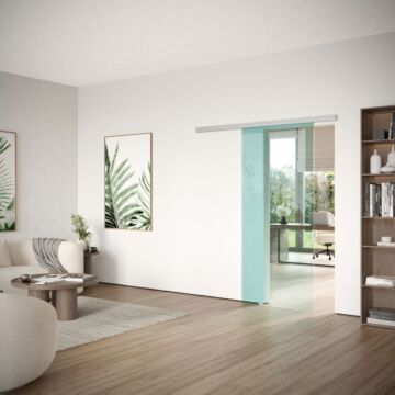 DORMA MUTO Comfort M 60 2.0 Glasschiebetür zur Wandmontage mit Floatglas grün, Schiebetürbeschlag LM silber