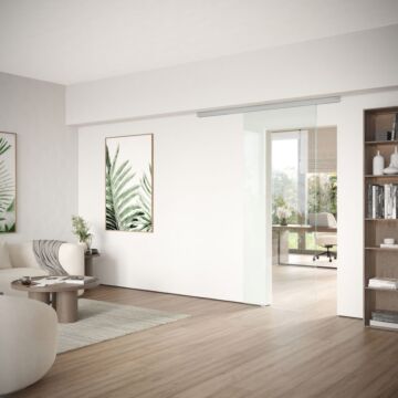DORMA MUTO Comfort M 60 2.0 Glasschiebetür zur Deckenmontage mit Klarglas, Schiebetürbeschlag LM silber