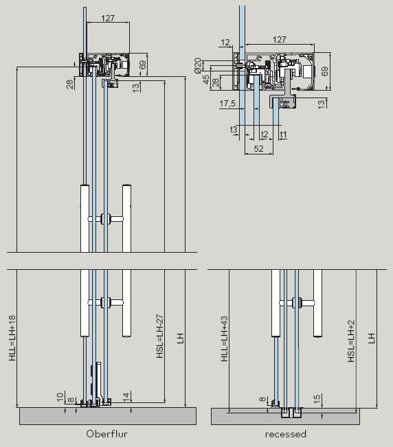 DORMA MUTO Telescopic 80 - Darstellung an Glas Montage an Decke im Querschnitt