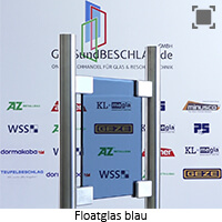 Klarglas bzw. Floatglas blau durchgefaerbt - je nach Rohglashersteller weicht die Optik etwas in der Farbgebung ab