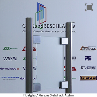 Klarglas bzw. Floatglas mit einseitigem Siebdruck in Aetztonoptik, mit normalem Gruenschimmer