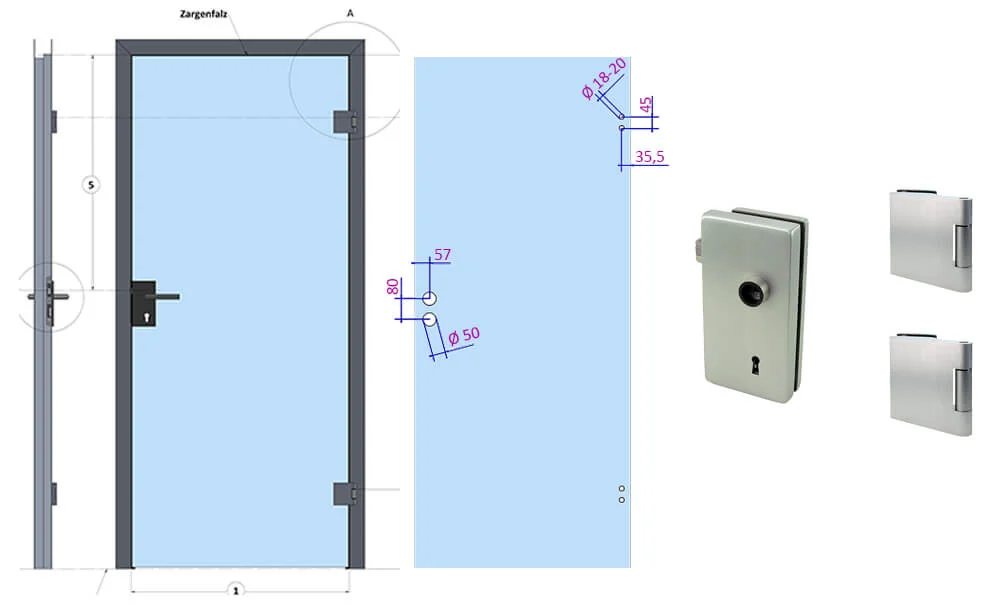Darstellung einer Glastuer mit der Beschlagtechnik OFFICE/OBJEKT im Band- und Schlossbereich Darstellung einer Glastuer mit der Beschlagtechnik OFFICE/OBJEKT im Band- und Schlossbereich