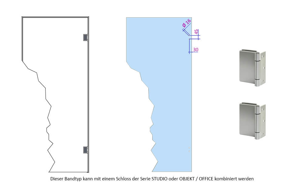 Darstellung einer Glastuer mit der Bandtechnik OFFICE/OBJEKT - zargenunabhaengig - zur seitlichen Montage im Durchgang.
