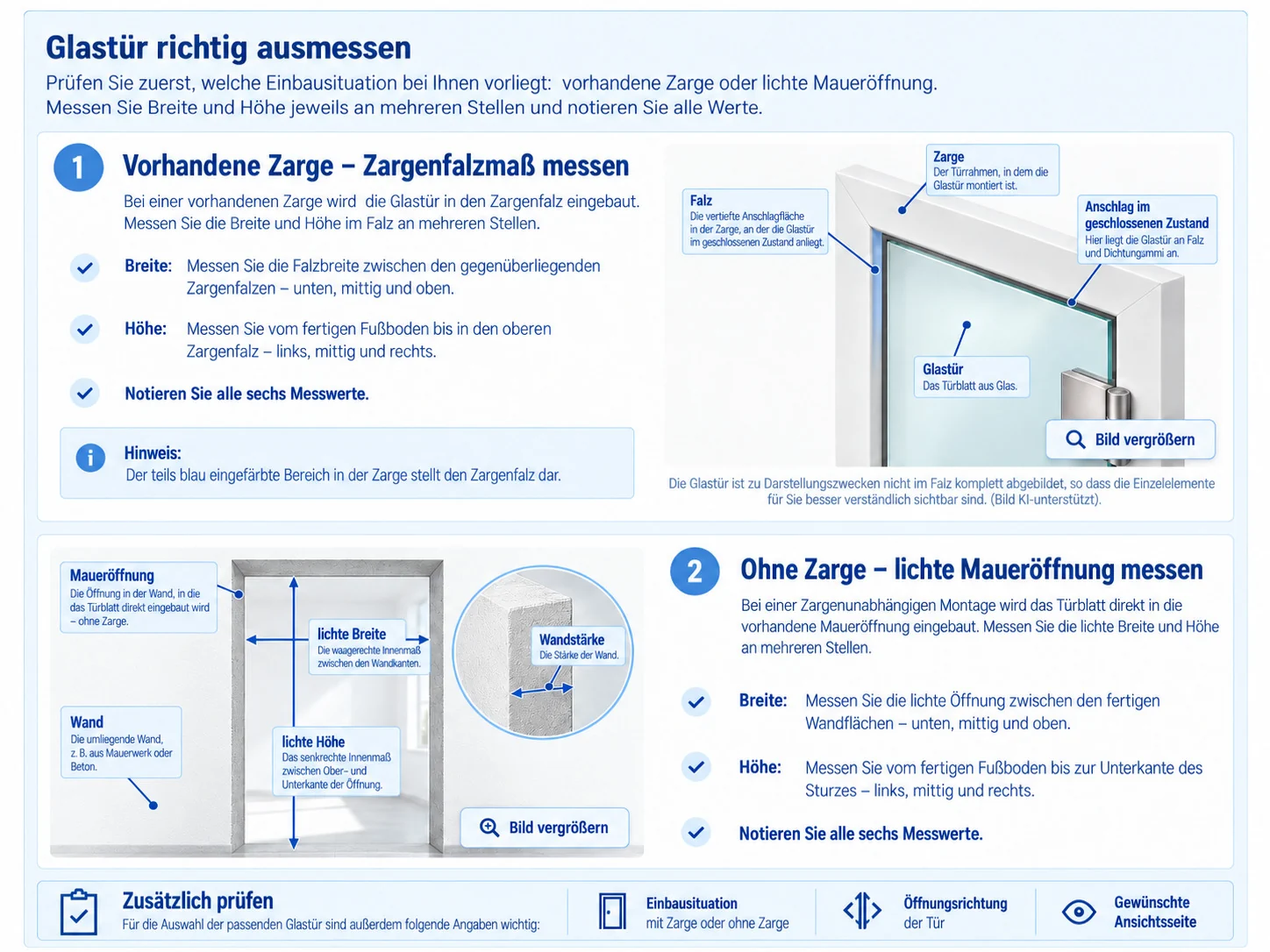 Glastür richtig ausmessen - Einbau mit Zarge und ohne Zarge
