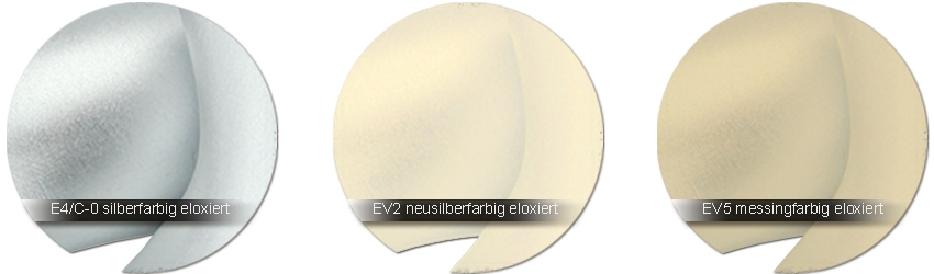 WSS Beschlagfarben C-0 EV1 silber - EV 2 neusilberfarbig (hellgold) - EV 5 messingfarbig